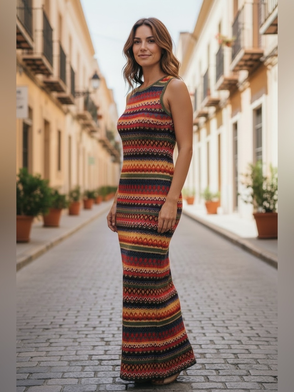 NWT Pretty Garden Knit Maxi Dress M Bodycon Vibrant Stripes Summer Sleeveless